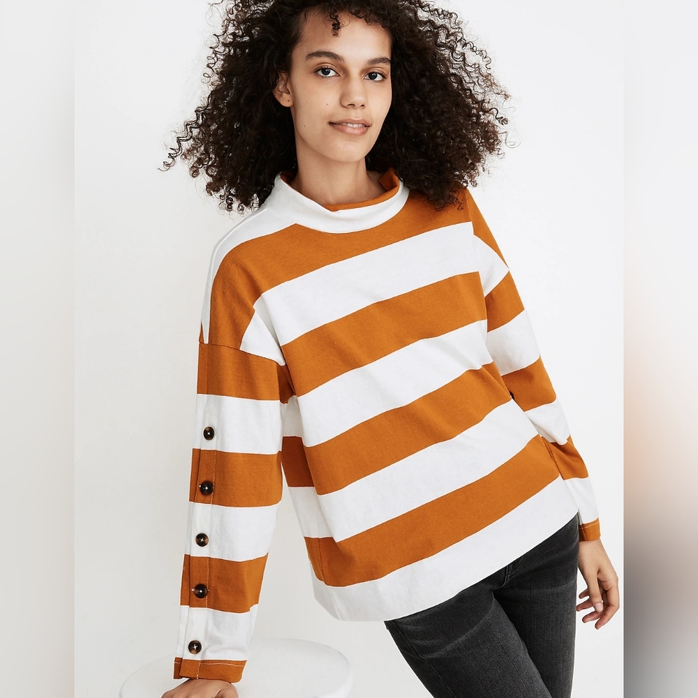 NWT Madewell Striped Button-Sleeve Turtleneck Top